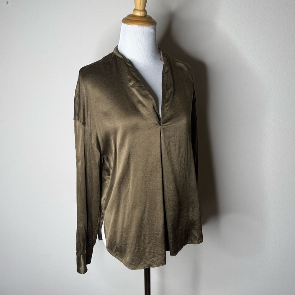 Vince Olive Green Khaki Silk Collarless Blouse - Picture 2 of 5